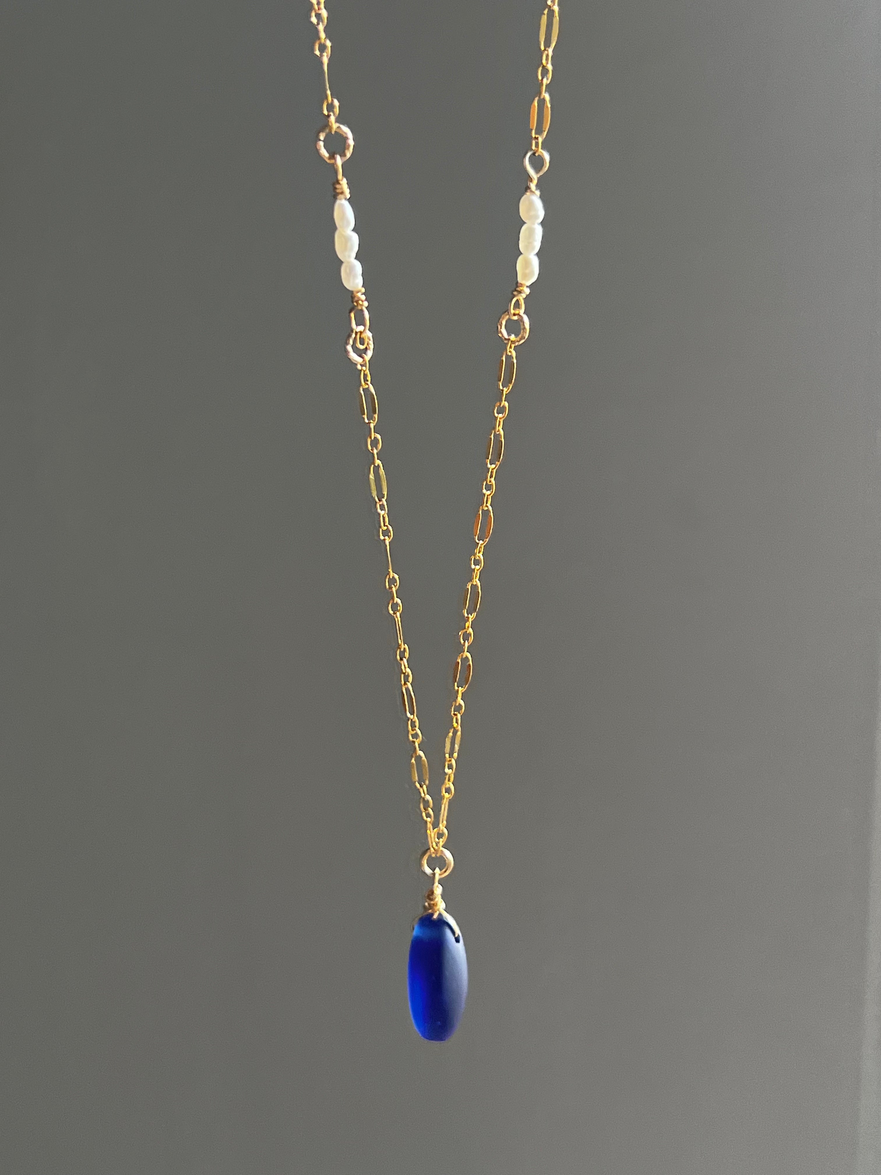 18K Gold Royal Blue Sea Glass & Pearl Necklace