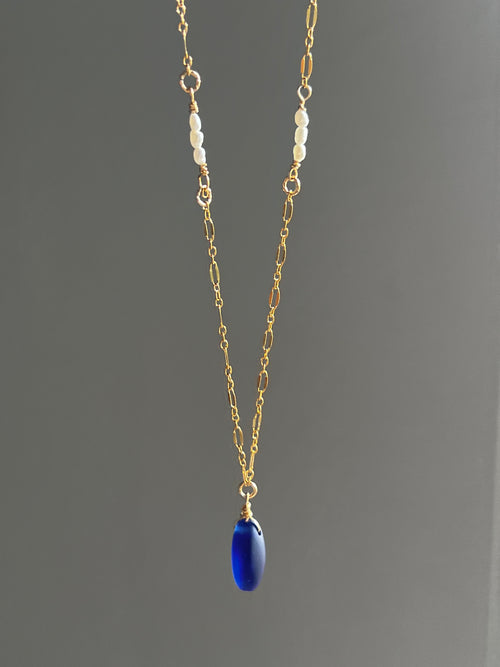 18K Gold Royal Blue Sea Glass & Pearl Necklace