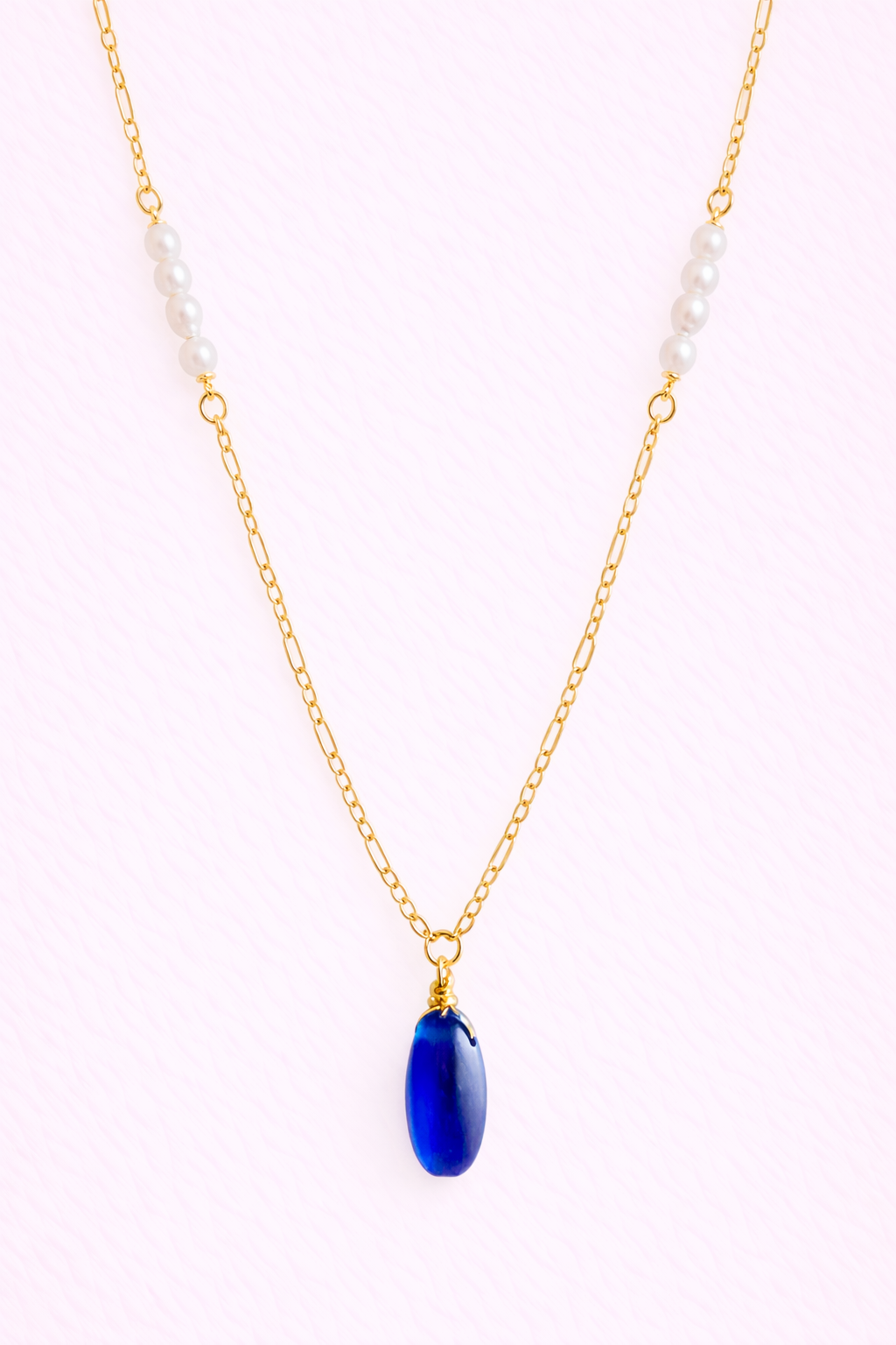 18K Gold Royal Blue Sea Glass & Pearl Necklace