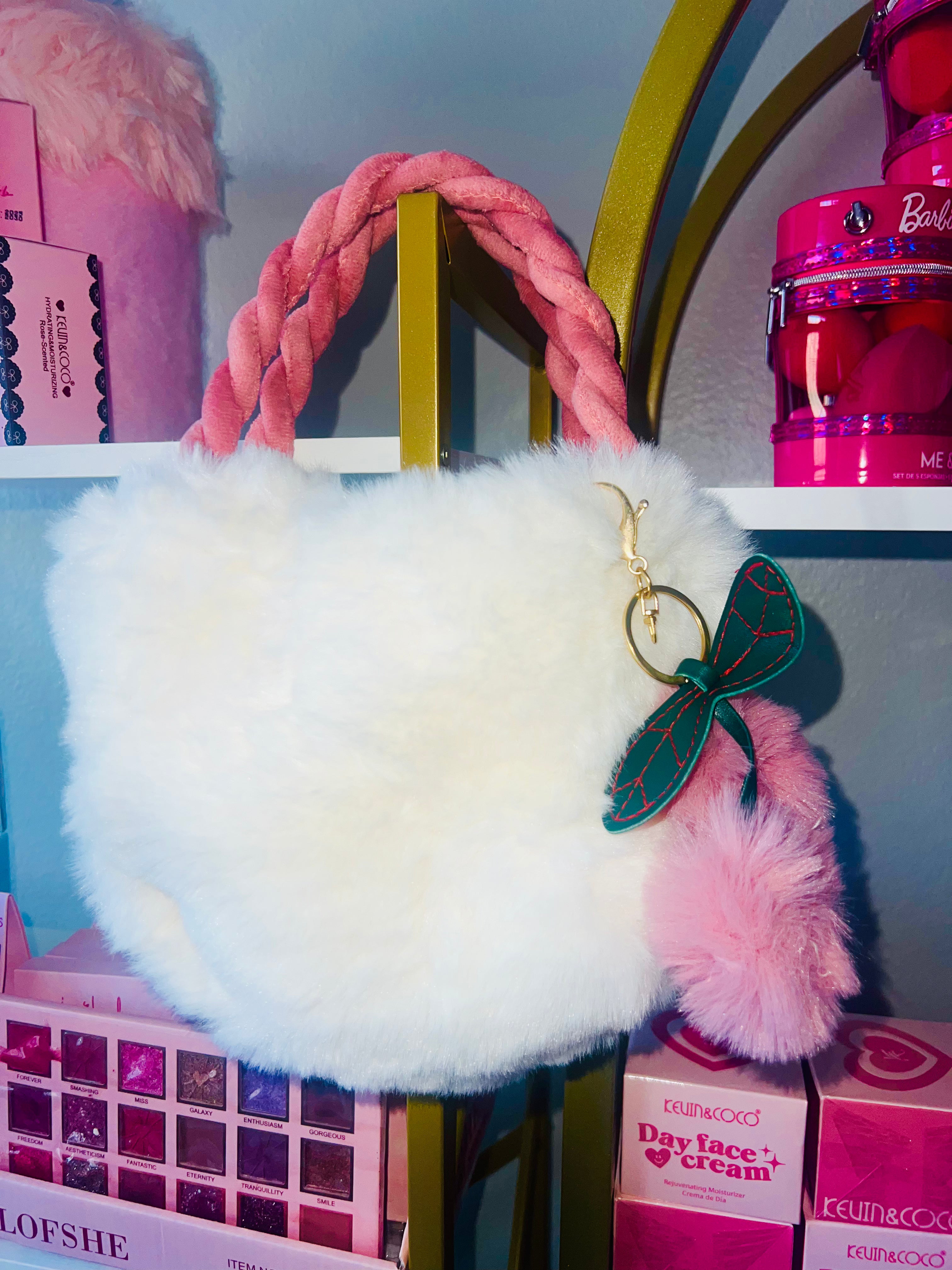 Pink and White Purse With Cherry Chain